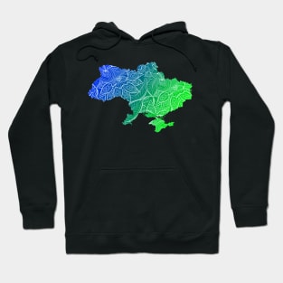 Colorful mandala art map of Ukraine with text in blue and green Hoodie